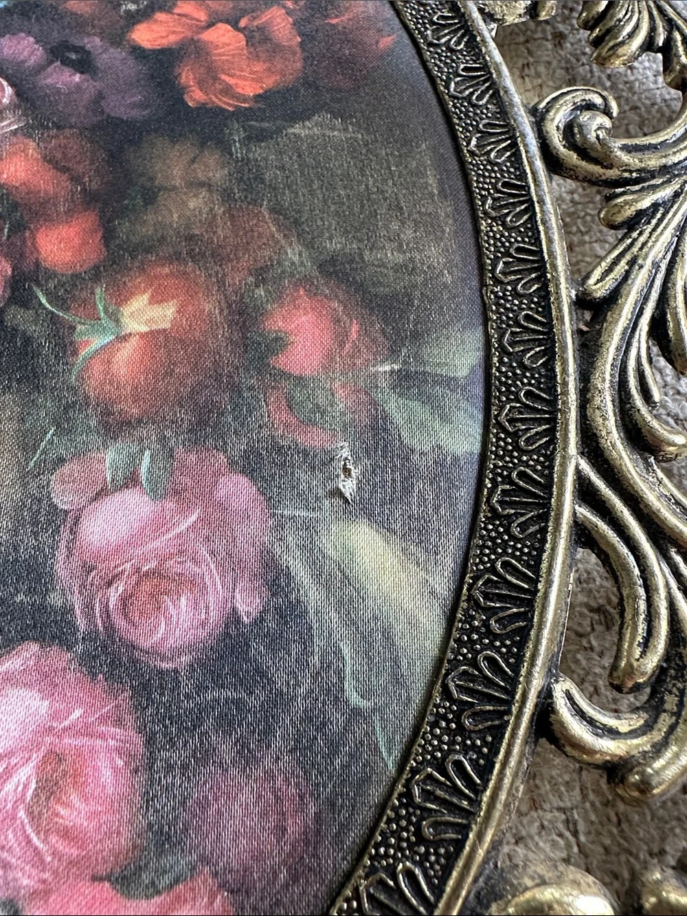 Vintage Italian Brass Oval Frame with Silk Floral Panel - 13” x 10”